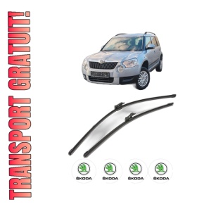 Set stergatoare SKODA YETI (5L) din 2009-2017, pentru parbriz auto, 2 bucati, Valeo Silencio Xtrm, din cauciuc siliconat rezistent, 4 Stickere Auto SKODA