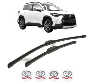 Set stergatoare TOYOTA COROLLA CROSS (ZVG1_, ZSG1_, MXGH1_, MXGA1_) din 2022-2023, pentru parbriz auto, 2 bucati, Bosch Aerotwin Retrofit, din cauciuc siliconat rezistent, 4 Stickere Auto TOYOTA v44307