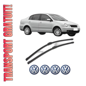 Set stergatoare Volkswagen POLO IV Saloon (9A4, 9A2, 9N2, 9A6) din 2002-2012, pentru parbriz auto, 2 bucati, Valeo Silencio Xtrm, din cauciuc siliconat rezistent, 4 Stickere Auto Volkswagen