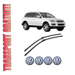 Set stergatoare Volkswagen TOUAREG (7LA, 7L6, 7L7) din 2002-2010, pentru parbriz auto, 2 bucati, Bosch Aerotwin, din cauciuc siliconat rezistent, 4 Stickere Auto Volkswagen