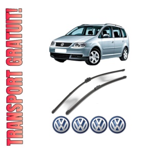 Set stergatoare Volkswagen TOURAN (1T1, 1T2) din 2003-2010, pentru parbriz auto, 2 bucati, Valeo Silencio Xtrm, din cauciuc siliconat rezistent, 4 Stickere Auto Volkswagen