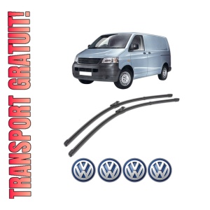 Set stergatoare Volkswagen TRANSPORTER T5 Van (7HA, 7HH, 7EA, 7EH) din 2003-2015, pentru parbriz auto, 2 bucati, Valeo Silencio, din cauciuc siliconat rezistent, 4 Stickere Auto Volkswagen