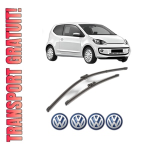 Set stergatoare Volkswagen UP! (121, 122, BL1, BL2, BL3, 123) din 2011-2023, pentru parbriz auto, 2 bucati, Valeo Silencio Xtrm, din cauciuc siliconat rezistent, 4 Stickere Auto Volkswagen
