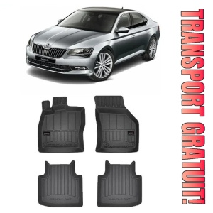 Skoda Superb III, Sedan, Din 05.2015 - Prezent , Set Covorase Auto Tip Tavita Premium 3D, din cauciuc