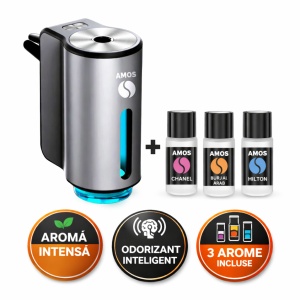 Difuzor Parfum Auto AMOS Mini Gri, 3 Arome Incluse Cadou, Odorizant Inteligent, USB, Parfum Intens, Design Premium