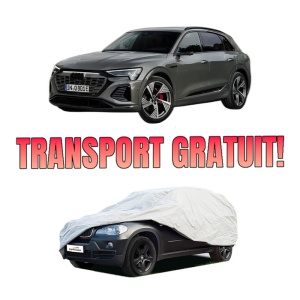 Husa tip prelata auto AUDI Q8 E-TRON SUV (GEG) din 2022, Culoare Gri, material textil impermeabil, rezistanta la intemperii praf UV, CARPASSION Husa Protectie, 4 Stickere auto cu AUDI