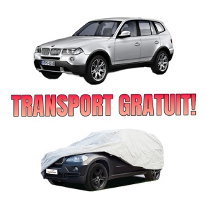 Husa tip prelata auto BMW X3 (E83) din 2003-2011, Culoare Gri, material textil impermeabil, rezistanta la intemperii praf UV, CARPASSION Husa Protectie, 4 Stickere auto cu BMW