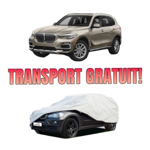 Husa tip prelata auto BMW X5 (G05, F95) din 2018-2023, Culoare Gri, material textil impermeabil, rezistanta la intemperii praf UV, CARPASSION Husa Protectie, 4 Stickere auto cu BMW