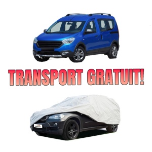 Husa tip prelata auto DACIA DOKKER MPV (KE_) din 2012-2021, Culoare Gri, material textil impermeabil, rezistanta la intemperii praf UV, CARPASSION Husa Protectie, 4 Stickere auto cu DACIA