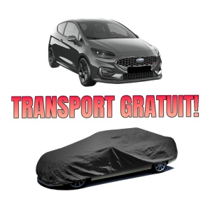 Husa tip prelata auto FORD FIESTA VII (HJ, HF) din 2017-2022, Culoare Negru, material textil impermeabil, rezistanta la intemperii praf UV, CARPASSION Husa Protectie, 4 Stickere auto cu FORD