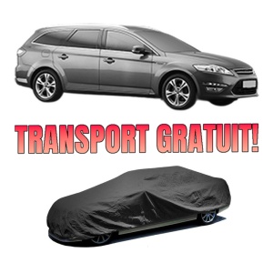 Husa tip prelata auto FORD MONDEO IV Van din 2007-2014, Culoare Negru, material textil impermeabil, rezistanta la intemperii praf UV, CARPASSION Husa Protectie, 4 Stickere auto cu FORD