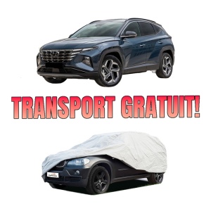Husa tip prelata auto HYUNDAI TUCSON (NX4E, NX4A) din 2020-2022, Culoare Gri, material textil impermeabil, rezistanta la intemperii praf UV, CARPASSION Husa Protectie, 4 Stickere auto cu HYUNDAI