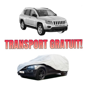 Husa tip prelata auto JEEP COMPASS (MK49) din 2006-2011, Culoare Gri, material textil impermeabil, rezistanta la intemperii praf UV, CARPASSION Husa Protectie, 4 Stickere auto cu JEEP