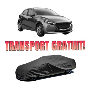 Husa tip prelata auto MAZDA 2 Hatchback (KB) din 2022, Culoare Negru, material textil impermeabil, rezistanta la intemperii praf UV, CARPASSION Husa Protectie, 4 Stickere auto cu MAZDA