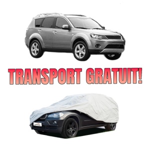Husa tip prelata auto MITSUBISHI OUTLANDER II (CW_W) din 2006-2012, Culoare Gri, material textil impermeabil, rezistanta la intemperii praf UV, CARPASSION Husa Protectie, 4 Stickere auto cu MITSUBISHI