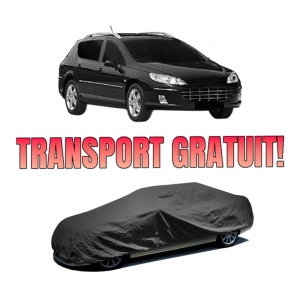 Husa tip prelata auto PEUGEOT 407 SW Estate Van (6E_) din 2009-2010, Culoare Negru, material textil impermeabil, rezistanta la intemperii praf UV, CARPASSION Husa Protectie, 4 Stickere auto cu PEUGEOT