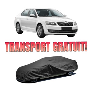 Husa tip prelata auto SKODA Octavia III (5E3, NL3, NR3) din 2012-2020, Culoare Negru, material textil impermeabil, rezistanta la intemperii praf UV, CARPASSION Husa Protectie, 4 Stickere auto cu SKODA