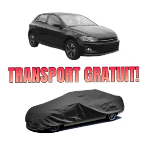 Husa tip prelata auto Volskwagen POLO VI (AW1, BZ1, AE1) din 2017-2021, Culoare Negru, material textil impermeabil, rezistanta la intemperii praf UV, CARPASSION Husa Protectie, 4 Stickere auto cu Volskwagen