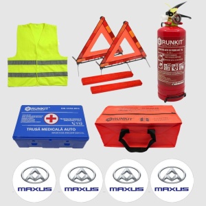 Kit siguranta auto Cri-Flo, Omologat R.A.R, Valabilitate 5 ani, 1x Trusa Prim Ajutor, 2 x Triunghiuri, 1x Stingator tip Spray, 1x Vesta reflectorizanta, Geanta pentru depozitare, 4 Stickere auto cu Maxus - Img 2