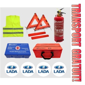 Kit siguranta auto Cri-Flo, Omologat R.A.R, Valabilitate 5 ani, 1x Trusa Prim Ajutor, 2 x Triunghiuri, 1x Stingator tip Spray, 1x Vesta reflectorizanta, Geanta pentru depozitare, 4 Stickere auto cu Lada