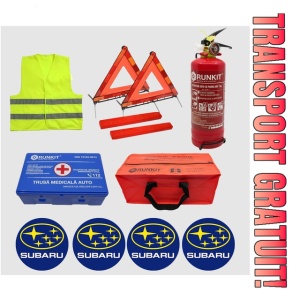 Kit siguranta auto Cri-Flo, Omologat R.A.R, Valabilitate 5 ani, 1x Trusa Prim Ajutor, 2 x Triunghiuri, 1x Stingator tip Spray, 1x Vesta reflectorizanta, Geanta pentru depozitare, 4 Stickere auto cu Subaru