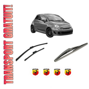 Set 3 stergatoare ABARTH 500 / 595 / 695 din 2008-2016, pentru parbriz si luneta fata si spate auto, Bosch Twin-Aerotwin, din cauciuc siliconat rezistent, 4 Stickere Auto ABARTH