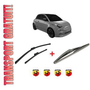 Set 3 stergatoare ABARTH 500E Hatchback (332_) din 2023, pentru parbriz si luneta fata si spate auto, Bosch Twin, din cauciuc siliconat rezistent, 4 Stickere Auto ABARTH