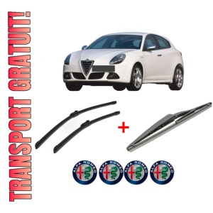 Set 3 stergatoare ALFA ROMEO GIULIETTA (940_) din 2010 - 2020, pentru parbriz si luneta fata si spate auto, Bosch Twin, din cauciuc siliconat rezistent, 4 Stickere Auto ALFA ROMEO