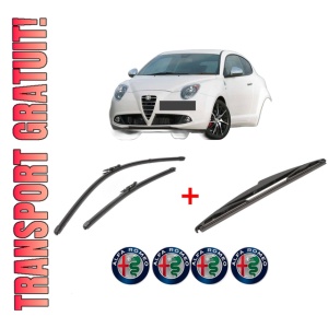Set 3 stergatoare ALFA ROMEO MITO (955_) din 2008 - 2018, pentru parbriz si luneta fata si spate auto, Valeo Silencio, din cauciuc siliconat rezistent, 4 Stickere Auto ALFA ROMEO