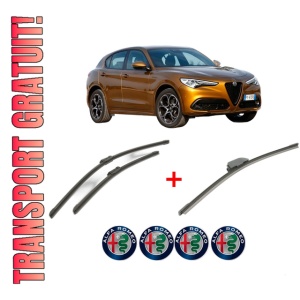Set 3 stergatoare ALFA ROMEO STELVIO (949_) din 2016, pentru parbriz si luneta fata si spate auto, Bosch Aerotwin, din cauciuc siliconat rezistent, 4 Stickere Auto ALFA ROMEO