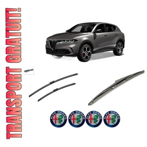Set 3 stergatoare ALFA ROMEO TONALE (965_) din 2022, pentru parbriz si luneta fata si spate auto, Bosch Twin-Aerotwin, din cauciuc siliconat rezistent, 4 Stickere Auto ALFA ROMEO