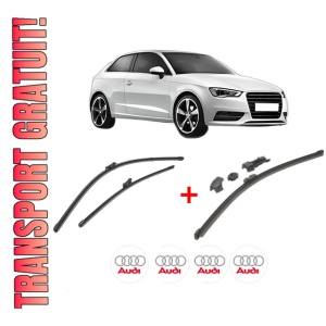Set 3 stergatoare AUDI A3 (8V1, 8VK) din 2012 - 2020, pentru parbriz si luneta fata si spate auto, Valeo HydroConnect, din cauciuc siliconat rezistent, 4 Stickere Auto AUDI