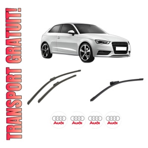 Set 3 stergatoare AUDI A3 (8V1, 8VK) din 2012-2020, pentru parbriz si luneta fata si spate auto, Bosch Aerotwin-Aerotwin, din cauciuc siliconat rezistent, 4 Stickere Auto AUDI