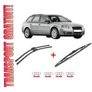 Set 3 stergatoare AUDI A4 B7 Avant (8ED) din 2004 - 2008, pentru parbriz si luneta fata si spate auto, Valeo Silencio, din cauciuc siliconat rezistent, 4 Stickere Auto AUDI