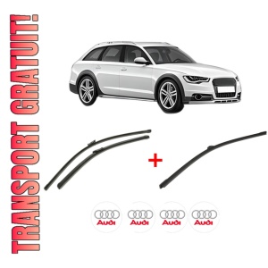 Set 3 stergatoare AUDI A6 Allroad C7 (4GH, 4GJ) din 2012 - 2018, pentru parbriz si luneta fata si spate auto, Bosch Aerotwin, din cauciuc siliconat rezistent, 4 Stickere Auto AUDI