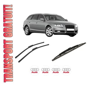 Set 3 stergatoare AUDI A6 C6 Avant (4F5) din 2004-2011, pentru parbriz si luneta fata si spate auto, Bosch Twin-Aerotwin, din cauciuc siliconat rezistent, 4 Stickere Auto AUDI