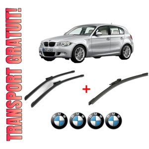 Set 3 stergatoare BMW Seria 1 (E87) din 2004 - 2011, pentru parbriz si luneta fata si spate auto, Bosch Aerotwin, din cauciuc siliconat rezistent, 4 Stickere Auto BMW