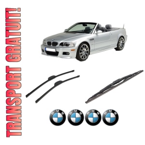 Set 3 stergatoare BMW Seria 3 Compact (E46) din 2001-2005, pentru parbriz si luneta fata si spate auto, Bosch Twin-Aerotwin Retrofit, din cauciuc siliconat rezistent, 4 Stickere Auto BMW