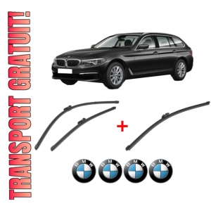 Set 3 stergatoare BMW Seria 5 Touring (G31) din 2017 - 2022, pentru parbriz si luneta fata si spate auto, Valeo Silencio Xtrm, din cauciuc siliconat rezistent, 4 Stickere Auto BMW