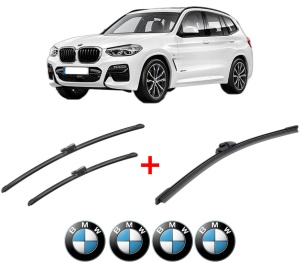 Set 3 stergatoare BMW Seria X3 (G01, F97, G08) din 2017 - 2020, pentru parbriz si luneta fata si spate auto, Bosch Aerotwin, din cauciuc siliconat rezistent, 4 Stickere Auto BMW v6647