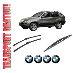 Set 3 stergatoare BMW Seria X5 (E53) din 2000-2006, pentru parbriz si luneta fata si spate auto, Bosch Twin-Aerotwin Retrofit, din cauciuc siliconat rezistent, 4 Stickere Auto BMW