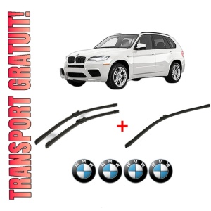 Set 3 stergatoare BMW Seria X5 (E70) din 2006 - 2013, pentru parbriz si luneta fata si spate auto, Bosch Aerotwin, din cauciuc siliconat rezistent, 4 Stickere Auto BMW
