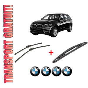Set 3 stergatoare BMW Seria X5 (F15, F85) din 2013 - 2018, pentru parbriz si luneta fata si spate auto, Valeo Silencio, din cauciuc siliconat rezistent, 4 Stickere Auto BMW
