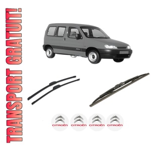 Set 3 stergatoare CITROEN BERLINGO / BERLINGO FIRST MPV (MF_, GJK_, GFK_) din 1996-2011, pentru parbriz si luneta fata si spate auto, Bosch Twin-Aerotwin Retrofit, din cauciuc siliconat rezistent, 4 Stickere Auto CITROEN