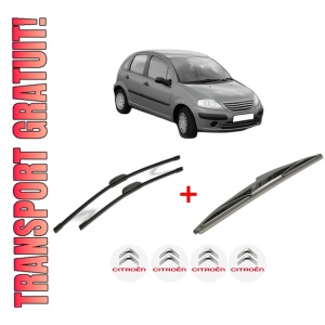 Set 3 stergatoare CITROEN C3 I (FC_, FN_) din 2002 - 2012, pentru parbriz si luneta fata si spate auto, Bosch Twin, din cauciuc siliconat rezistent, 4 Stickere Auto CITROEN