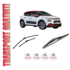 Set 3 stergatoare CITROEN C3 III Van (SX_, SY_) din 2016-2019, pentru parbriz si luneta fata si spate auto, Bosch Twin-Aerotwin, din cauciuc siliconat rezistent, 4 Stickere Auto CITROEN