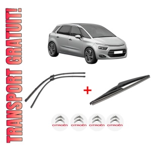 Set 3 stergatoare CITROEN C4 GRAND PICASSO II (DA_, DE_) din 2013 - 2018, pentru parbriz si luneta fata si spate auto, Valeo Silencio, din cauciuc siliconat rezistent, 4 Stickere Auto CITROEN