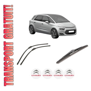Set 3 stergatoare CITROEN C4 GRAND PICASSO II (DA_, DE_) din 2013-2018, pentru parbriz si luneta fata si spate auto, Bosch Twin-Aerotwin, din cauciuc siliconat rezistent, 4 Stickere Auto CITROEN