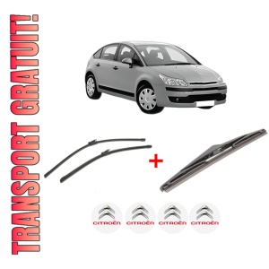 Set 3 stergatoare CITROEN C4 I (LC_) din 2004 - 2012, pentru parbriz si luneta fata si spate auto, Bosch Twin, din cauciuc siliconat rezistent, 4 Stickere Auto CITROEN
