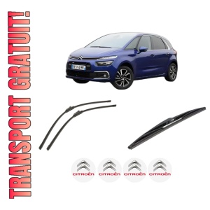 Set 3 stergatoare CITROEN C4 PICASSO II din 2013-2018, pentru parbriz si luneta fata si spate auto, Bosch Twin-Aerotwin, din cauciuc siliconat rezistent, 4 Stickere Auto CITROEN